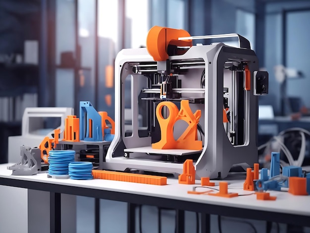 3D printer on workplace of engineer maker with abstract tech schema of additive technologies