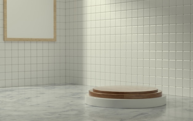 아침 햇살이 비치는 욕실 장면의 3D 제품 무대