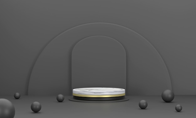 写真 3d。製品ステージ大理石の円の表彰台半円の背景は、製品のプレゼンテーション用の黒色です。