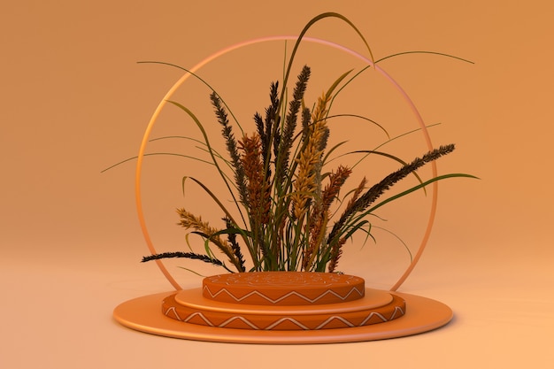 3d-productdisplay podiumstandaard met droge herfstplanten abstracte beige achtergrondscène