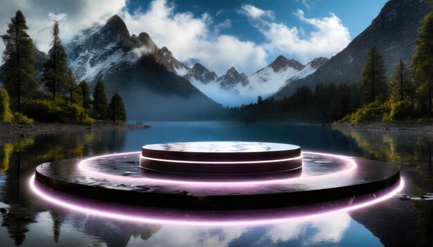 Photo 3d products podium with landscape neon background surreal scene arch with a podium in natural light ai generated