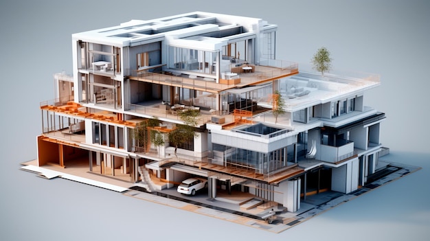 3D-project van een modern luxe huis op een grijze achtergrond Generatieve AI