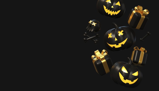 Photo 3d pumpkin in black color with a creepy smile and glowing eyes and gift boxesillustration for a panner or poster for the halloween holiday copy space 3d rendering