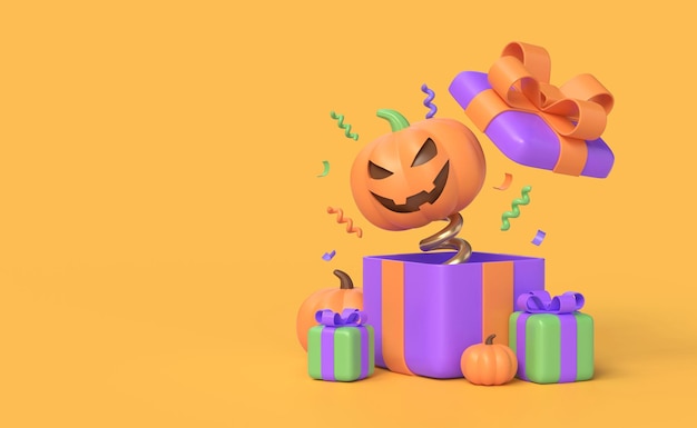 3d pumpkin and gift box in cartoon style illustration for banner or poster design for halloween holiday 3d rendering