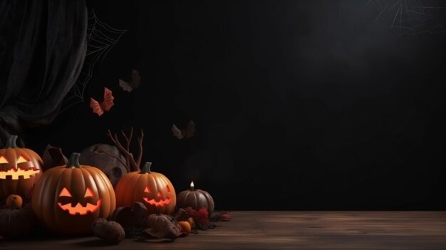 3d Pumpkin orange color Happy Halloween on black background with copy space for product Generative AI