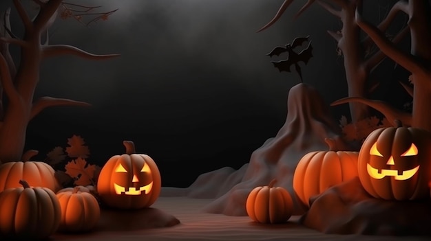 3d Pumpkin orange color Happy Halloween on black background with copy space for product Generative AI