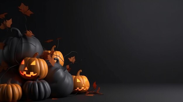 3d Тыква оранжевого цвета Happy Halloween на черном фоне с копией пространства для продукта Generative AI