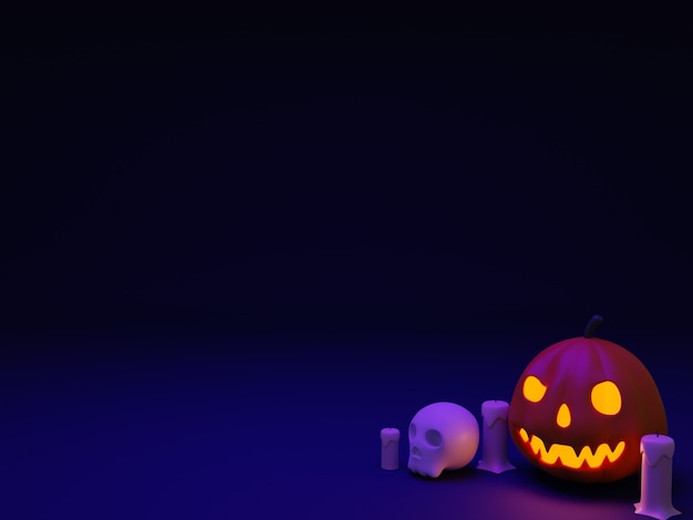 Photo the 3d pumpkin and skull with dark background