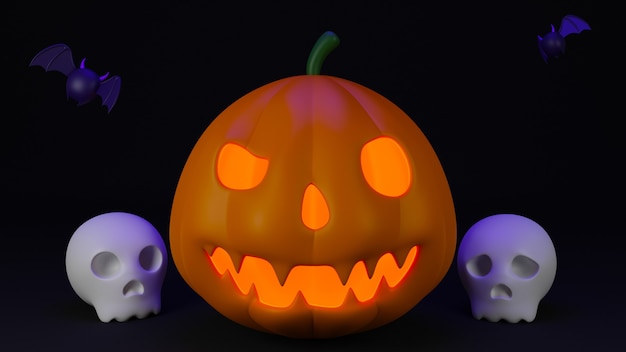 3D Pumpkin and skulls with dark background