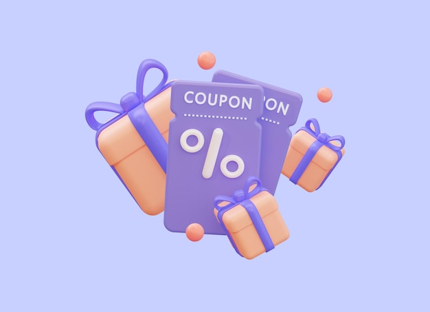 Photo 3d  purple coupon with a percentage sign and flying gifts for online sales and favorable prices