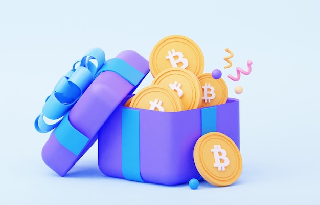 3D 紫色禮物與金幣 抽獎或加密貨幣獎金的概念 3D 渲染