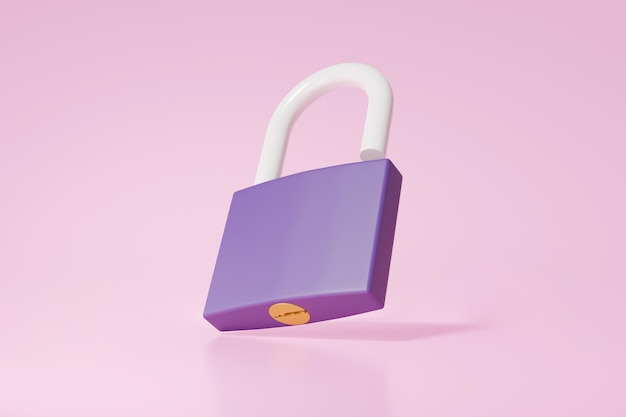 Фото 3d purple locked значок замка, плавающий на розовом фоне с защитой безопасности минимальный мультяшный стиль 3d визуализация иллюстрации
