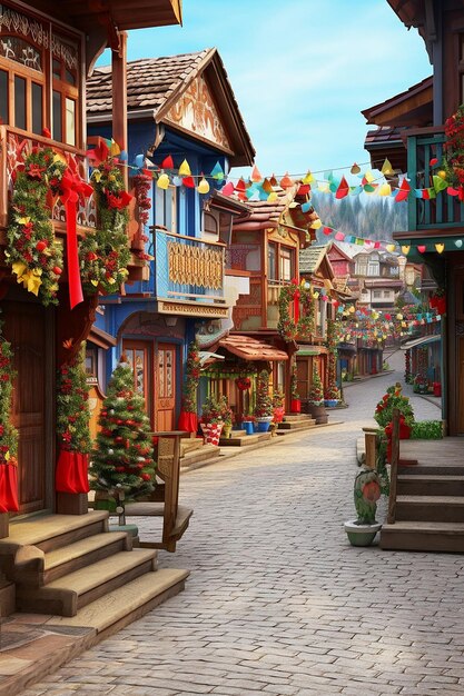 a 3D quaint Romanian village street with houses adorned with Martisor decorations