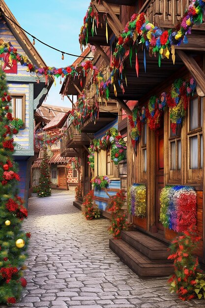 a 3D quaint Romanian village street with houses adorned with Martisor decorations