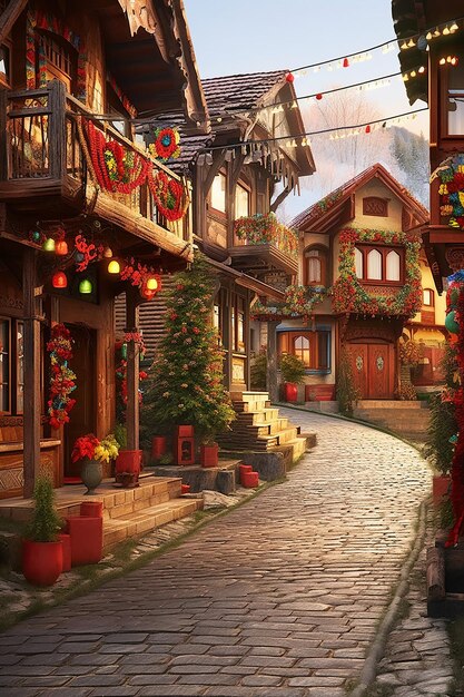 a 3D quaint Romanian village street with houses adorned with Martisor decorations