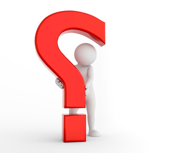 3d question mark being hold by a toon man FAQ ask search concepts