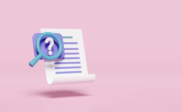 3d question mark symbol with Id card magnifying checklist clipboard isolated on pink recruitment staff human resources job search job application concept 3d render illustration clipping path