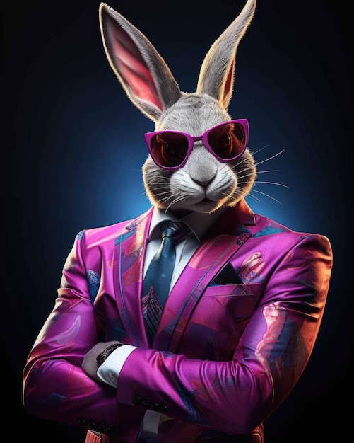 3D rabbit in business suit with a human body looking serious with a dramatic studio background