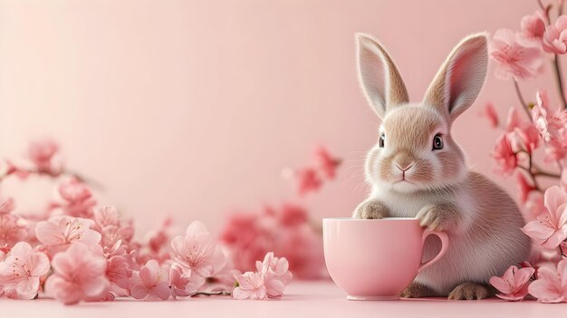 3d rabbit and teacup border frame with copy space concept as a border frame with a rabbit and teacup