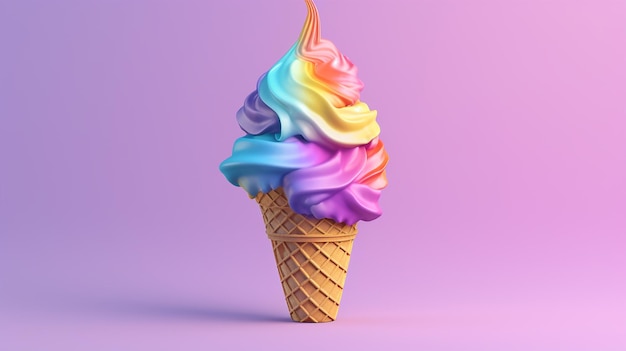 3D rainbow ice cream cone in pastel background Generative AI