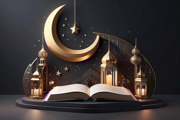 3d Ramadan avond concept scène ontwerp Halve maan decor weergegeven op het podium met Koran boek rozenkrans en polyhedron vormen