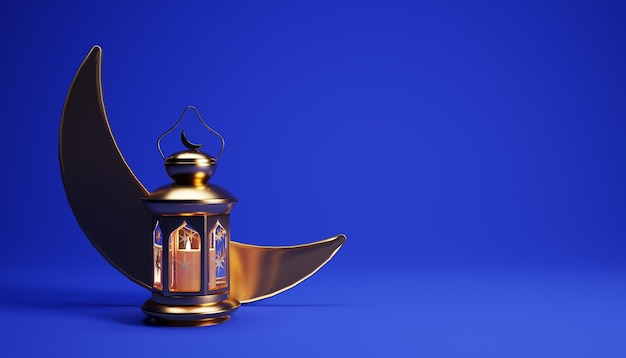 3d Ramadan background with a golden lantern, crescent moon and copy space.