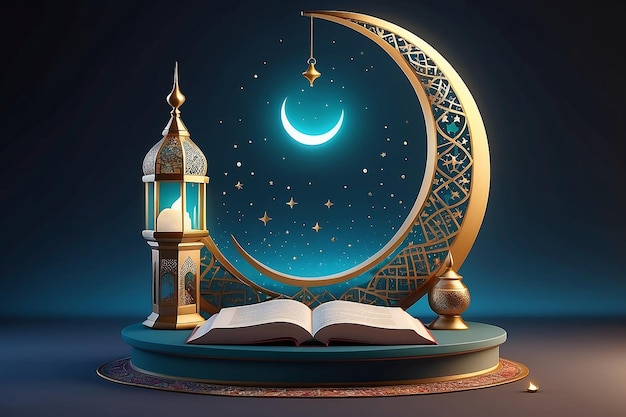 3d Ramadan evening concept scene design Crescent moon decor displayed on podium with Quran book rosary and polyhedron shapes