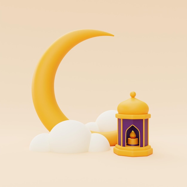 Фото 3d поздравление с рамаданом с фонарем и полумесяцем исламский праздник рая хари ид аль адха 3d рендеринг