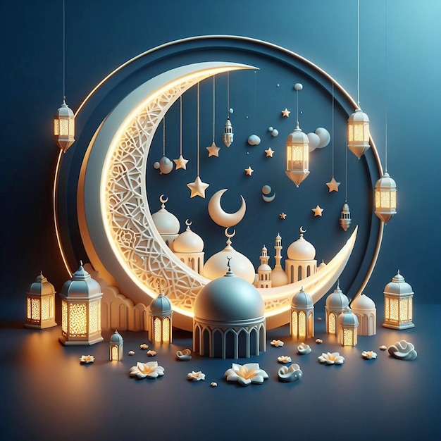 3d ramadan kareem met halve maan en islamitische lantaarns Ai generatief