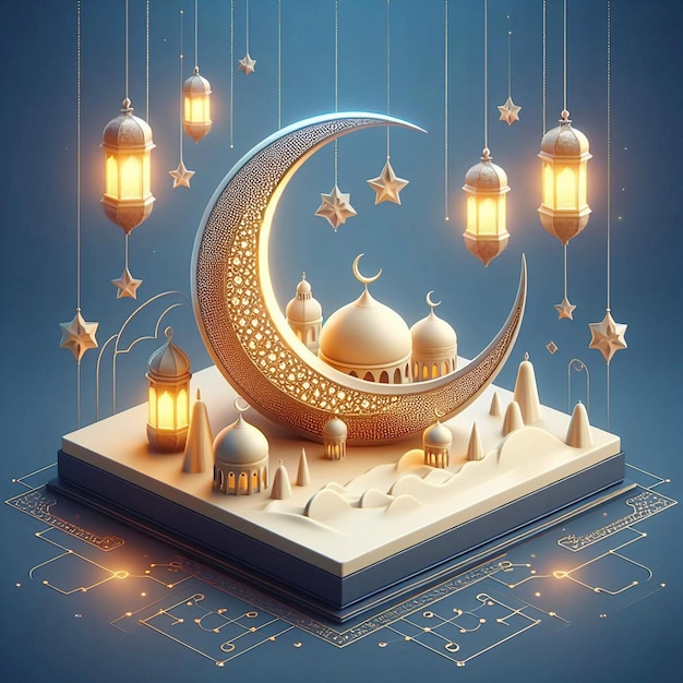 3d ramadan kareem met halve maan en islamitische lantaarns Ai generatief