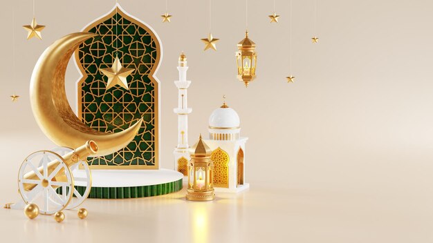 Photo 3d ramadan kareem podium with golden moon star and lantern mosque door islamic pattern arabic coffee pot date palm fruit podium as luxury islamic background decoration for ramadan kareem