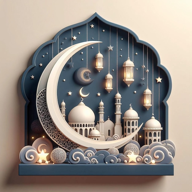 3d ramadan kareem with crescent and islamic lanterns Ai generative