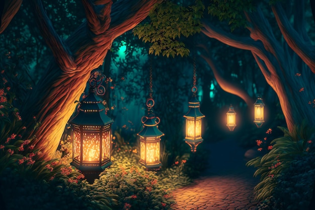 밤에 3d 라마단 달과 등불 요정 숲, 환상의 빛나는 꽃과 불빛