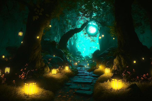 3d ramadan moon and lantern Fairy forest at night, fantasy glowing flowers and lights