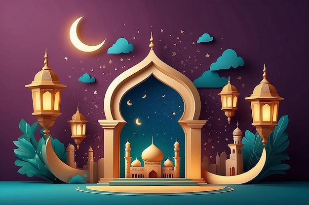 3d ramadan night banner template Cute mosque and lantern displayed on stages with glowing light in the evening