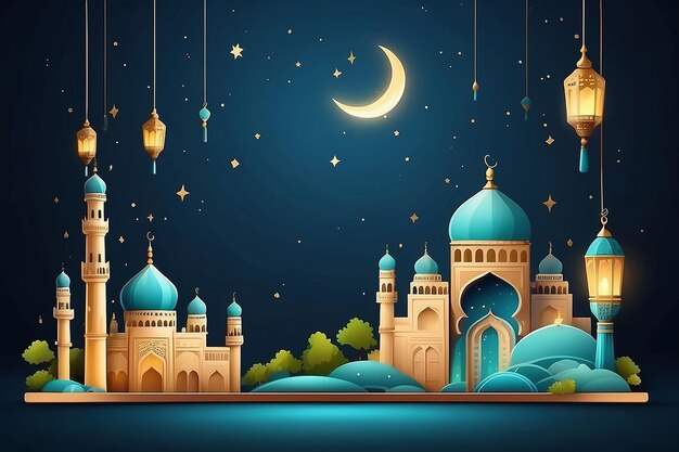 3d ramadan night banner template Cute mosque and lantern displayed on stages with glowing light in the evening