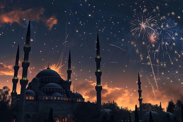 3D Ramadan scène met de nachtelijke hemel verlicht door vuurwerk