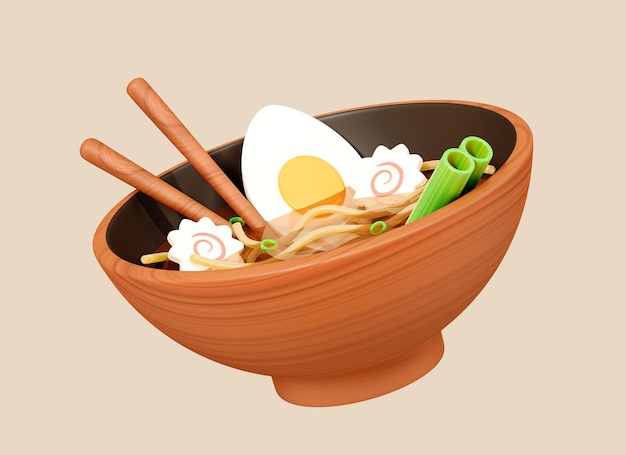 Foto zuppa di noodle asiatica ramen 3d con uova di bacchette e alghe in una ciotola di legno