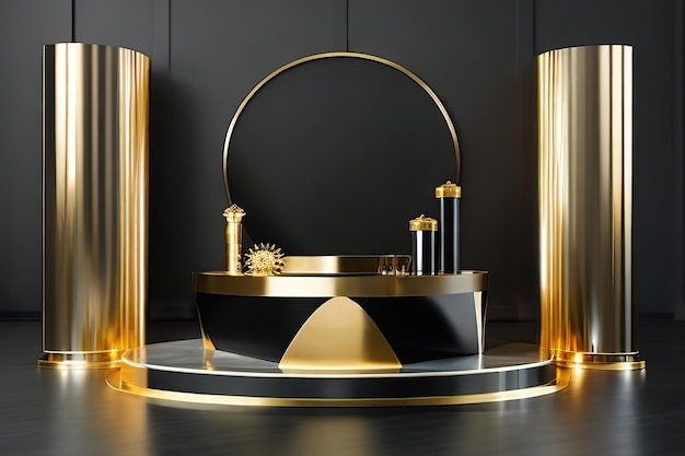 3D realistic black gold pedestal podium background 3D Illustration