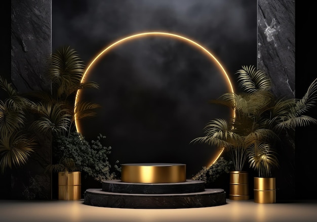 3d realistic black pedestal on a black background with golden elements and palm leaves Empty space design luxury mockup scene for product AI Generative