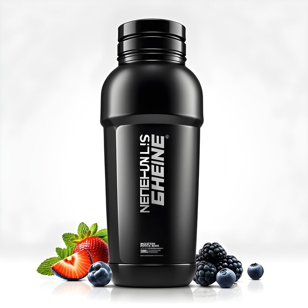 Photo 3d realistic black sport nutrition bottle mockup with blueberry and strawberry on white background