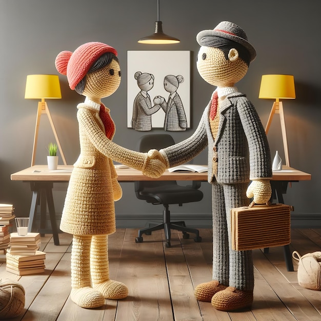 Foto 3d realistico una coppia di uomini d'affari bambola crochet figura che stringe la mano in ufficio sullo sfondo
