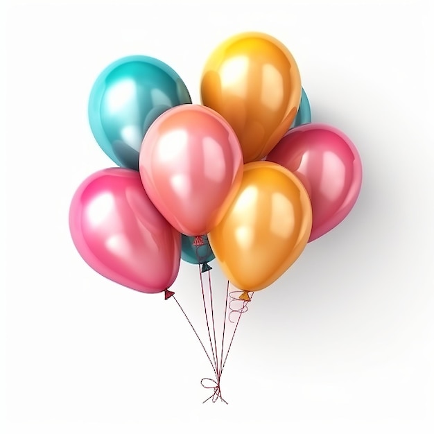 파티와 축하를 위해 날아다니는 3d 현실적인 다채로운 생일 풍선 어리, 색 배경에서 고립된