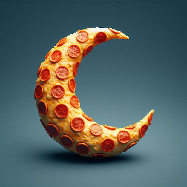 3D realistic crescent moon made of pizza with ramadan theme isolated on background