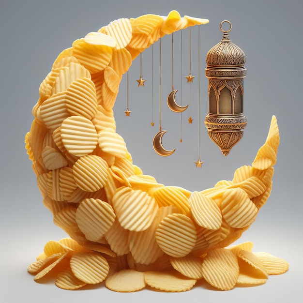 3D realistic crescent moon made of potato chips with ramadan theme isolated on background