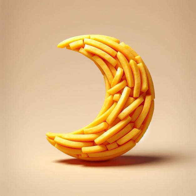 3D realistic crescent moon made of potato fries with ramadan theme isolated on background