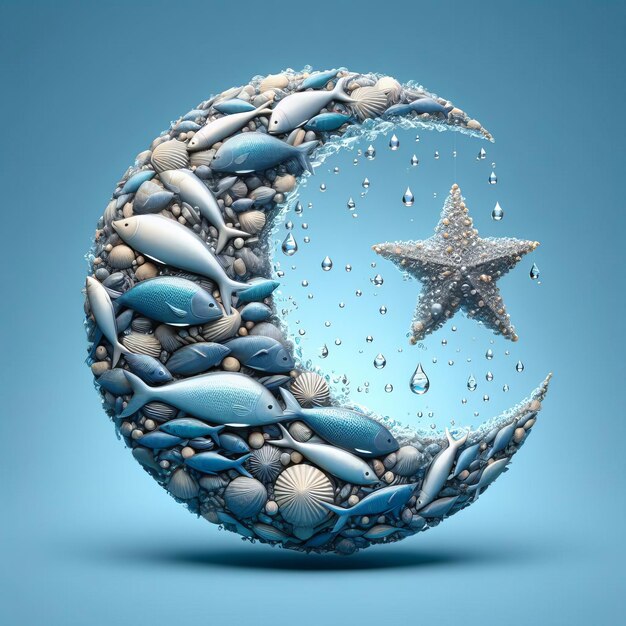 3D realistic crescent moon made of sea fish in sea water and water splaches with ramadan theme isol