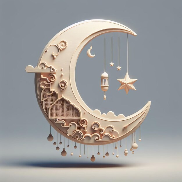 3D realistic crescent moon made of Wood with ramadan theme ramadan kareem celebration isolated