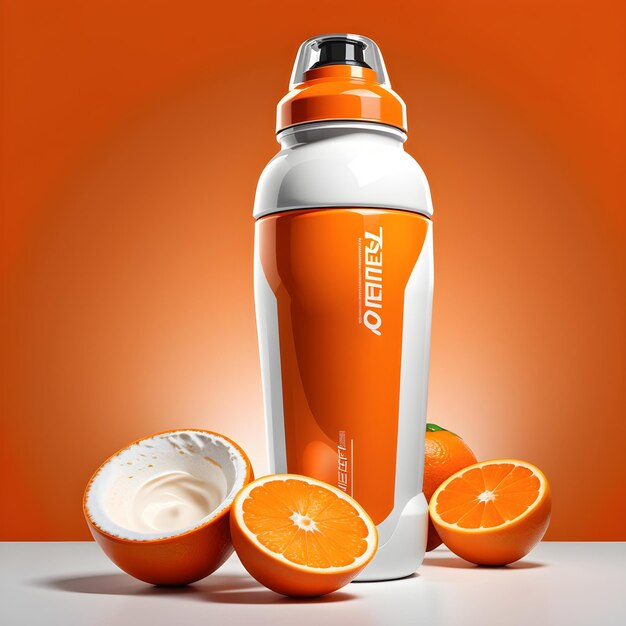 3d realistic detailed mockup of cosmetics shaker and orange fruit