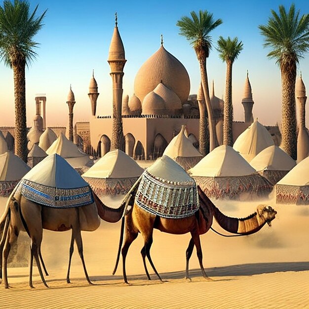 3D-реалистическое цифровое искусство 8 век пустынная сцена с палатками